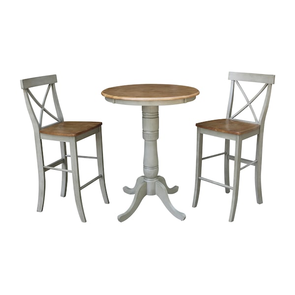 International Concepts Round 30 in Rd Pedestal Bar Ht Table, 2 X-Back Bar Ht Stools, Hickory/Stone, 30 in W, 30 in L, Wood K41-30RT-6B-S6133-2 - main